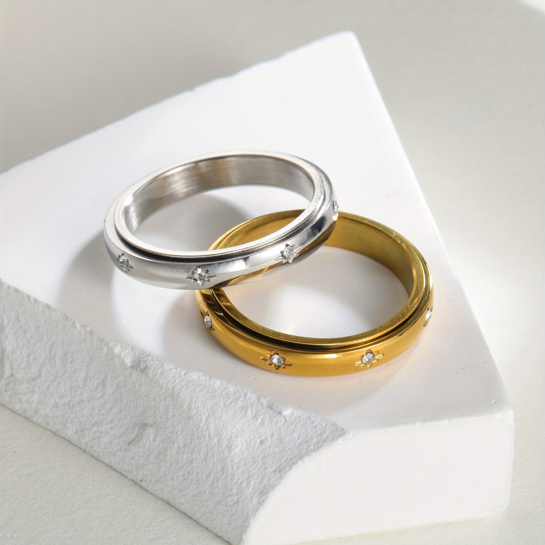 1pc elegant stainless steel rotating ring for couples minimalist french style with sparkling cubic unisex design for a festive look valentines day gift festive ring durable band couple jewelry Product details 0