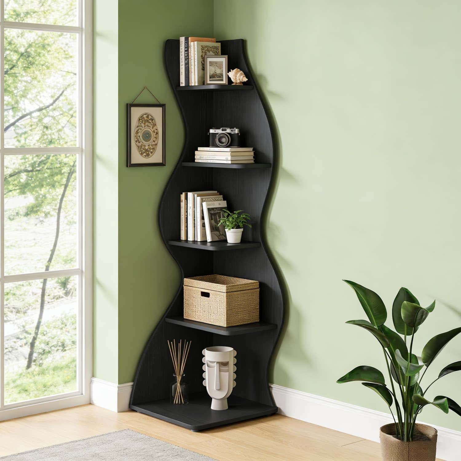 Five-tier Corner Shelf, 70 Inches Tall, Versatile Bookcase And Plant Holder, Home Office Organizer, Contemporary Storage Rack Suitable For Living Rooms, Bedrooms, And , Black, Single Unit