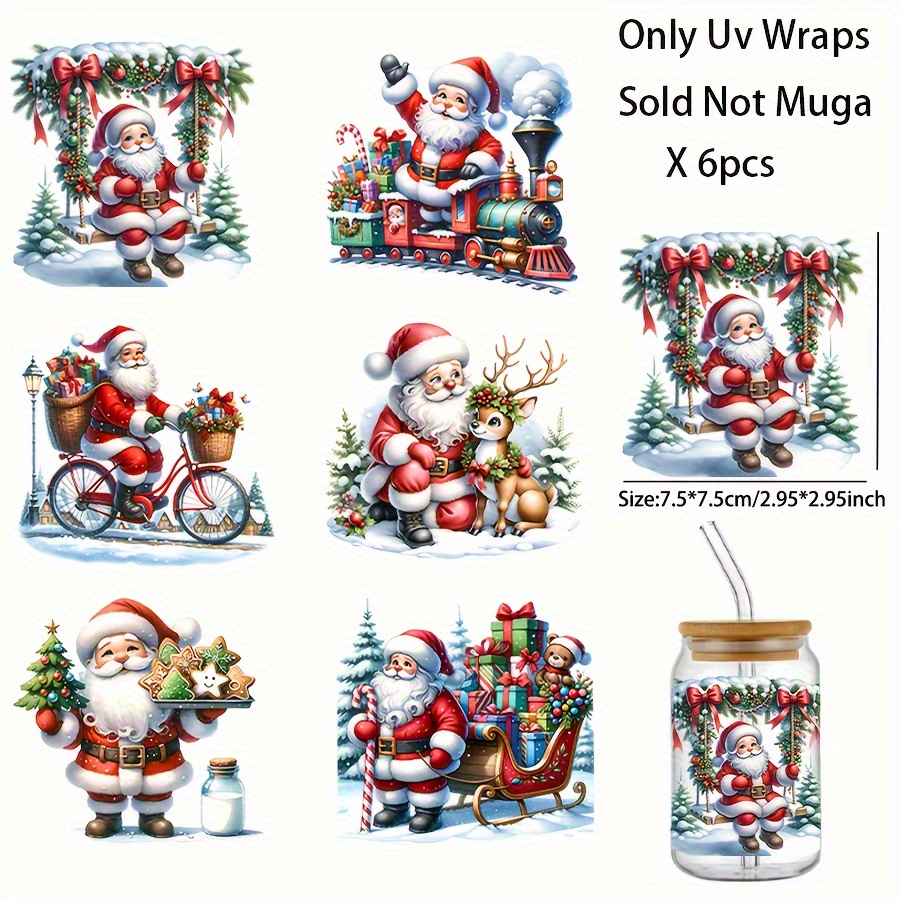 TEMU 6 pièces de papier de transfert UV DTF 2D plat pour voiture avec Père Noël, adapté aux tasses en verre - de fêtes, vinyle imperméable pour mugs,