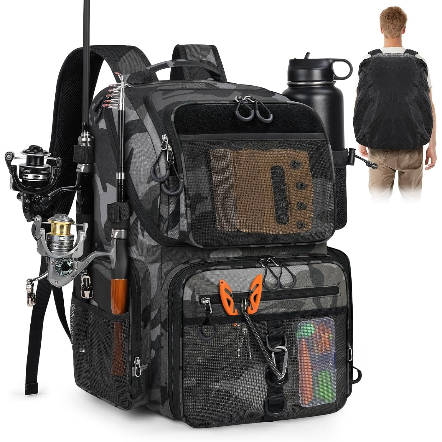 Image of Rainsmore Fishing Bag 45l Large Fishing Backpack Tackle Storage Bags With Rod Holders For Men Camouflage