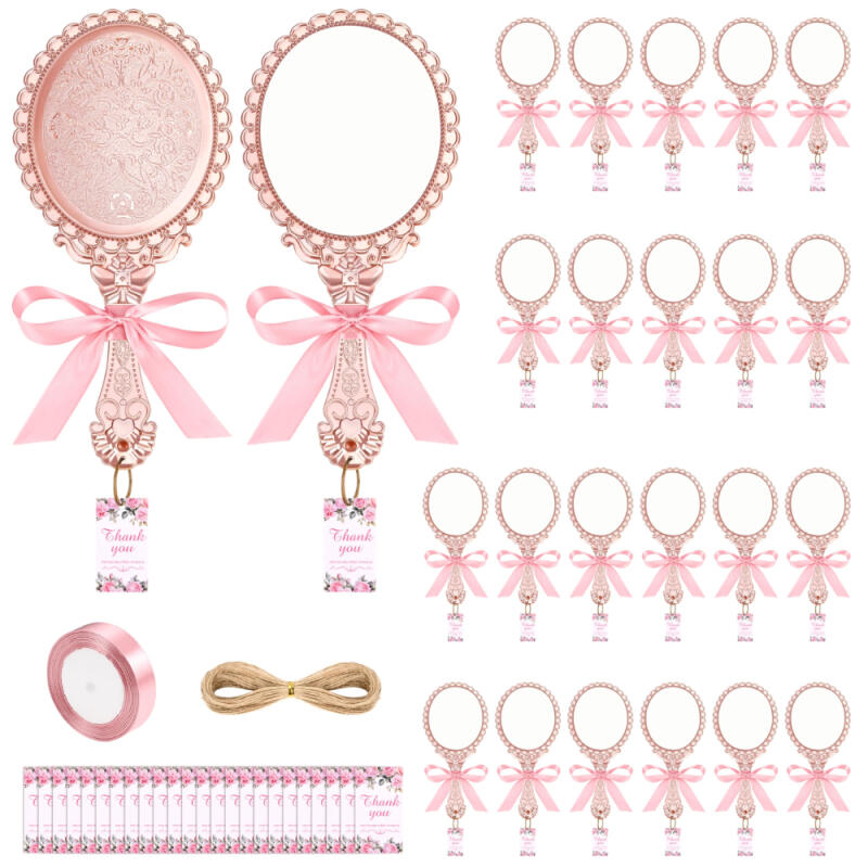 Image of Set Of 5 Vintage Handheld Mirrors Featuring Ribbons And Thank You Cards - Large, Portable Plastic Mirrors Ideal For Weddings, Travel, And As Makeup Gifts For Guests And Brides