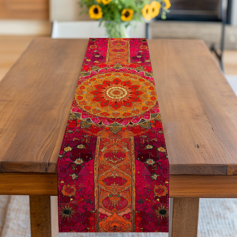 TEMU 1pc Bohemian Table Runner With Red And Orange Mandala Pattern | 2d Printing, Polyester, Suitable For Christmas, New Year's Eve, Party, Picnic,