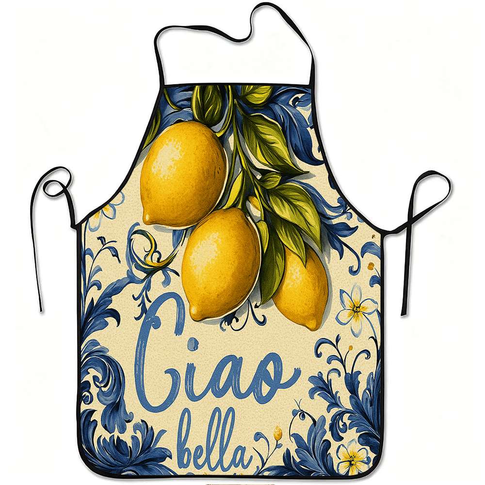E-shop 1 Stück Bella Zitronen Blumenmuster Schürze, und Pflegeleicht, Verstellbarer Bund, Aus Polyester, Geeignet für Kochen, Gartenarbeit,