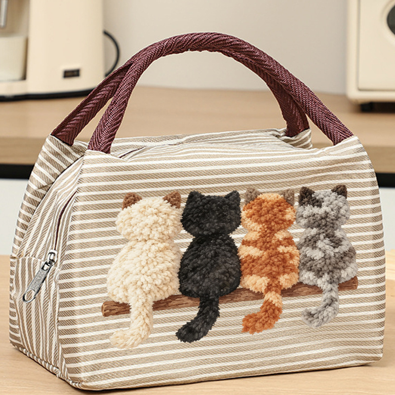 TEMU Plush Tree Branch Cat Silhouette Striped Printed Handbag, Lightweight Fabric Tote Bag, Large Capacity Portable Storage Bag, Shopping And