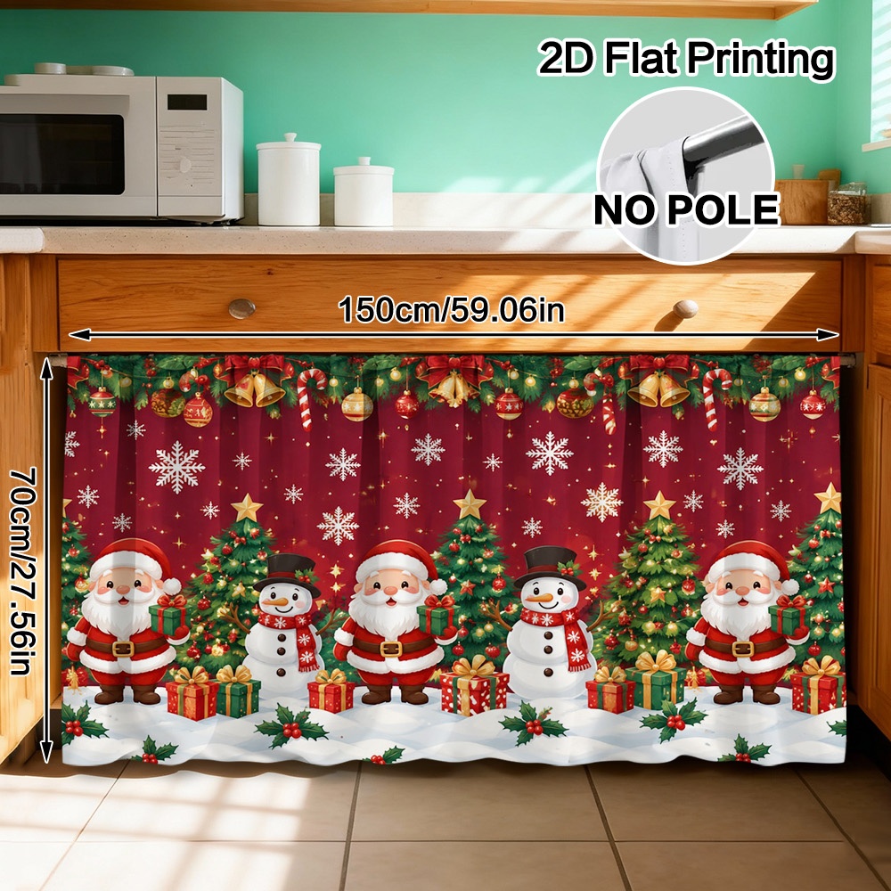 TEMU 2d Flat, 1pc Semi-sheer Christmas Santa & Snowmen Curtain Panel - Rod Pocket Window Suitable For Living Room, Kitchen, Tv Cabinet, Cordless