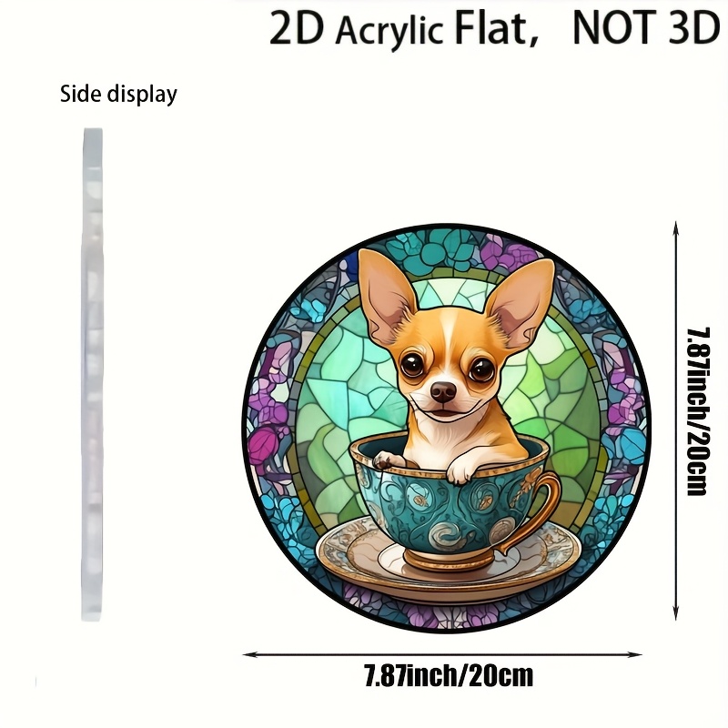 TEMU Décoration murale 2D plate, attrape- Chihuahua en 2D plat - Art mural acrylique rond effet vitrail, décoration de fenêtre de salon 7,87 x 7,87