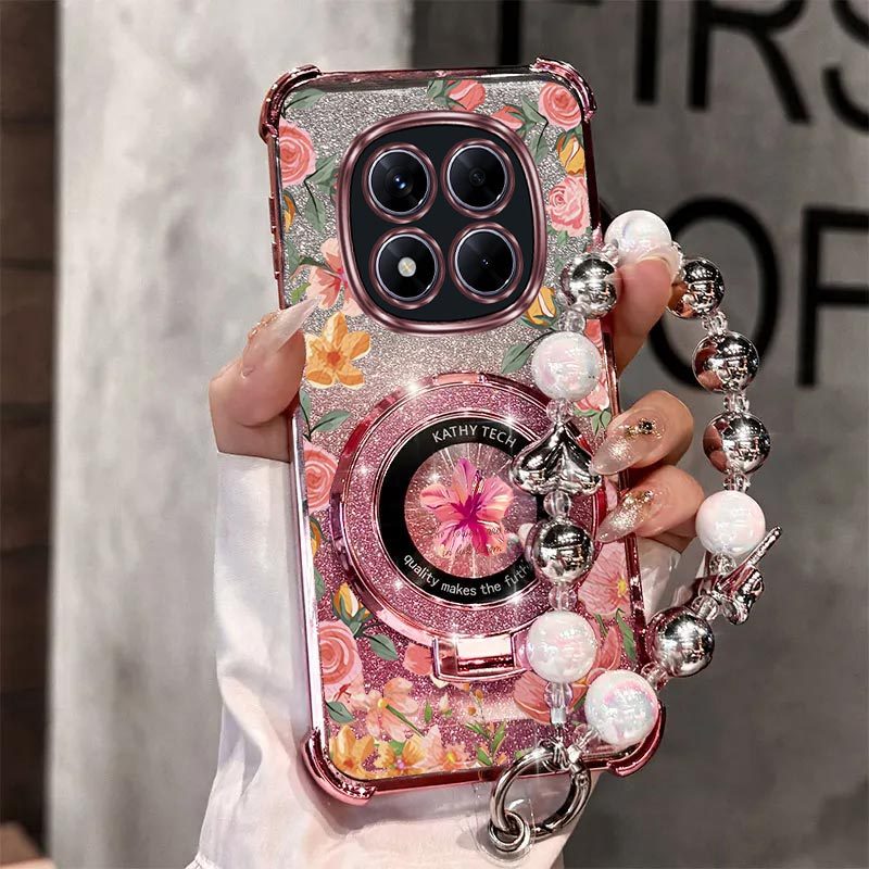 TEMU Étui téléphone : Bracelet pailleté magnétique avec fleur tendance pour Xiaomi Redmi Note 14 Pro Plus + 5G RedmiNote14ProPlus+ 5G, -, support