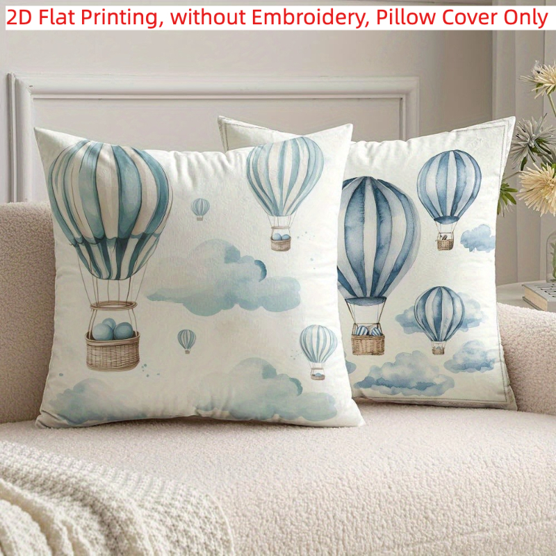 TEMU 2d Flat Printing, 2pcs, Pillow Covers With Hot Air Balloons In Watercolor Style Single-sided Printing, Without Embroidery, Pillow Inserts Not