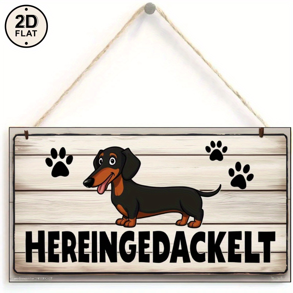 2d Flat - Rustic Wooden Sign Featuring A White Dachshund Print, Perfect For Home Decoration In A Flat 2d Style
