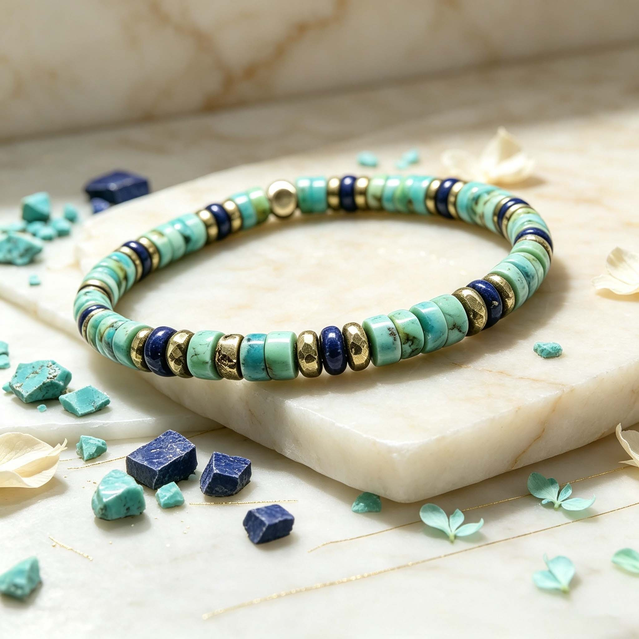 Natural Turquoise, Lapis Lazuli & Pyrite Flat Bead Elastic Bracelet