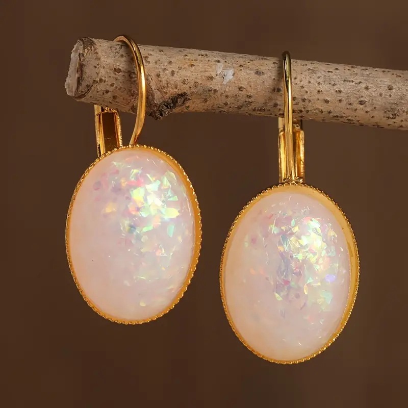 Image of Retro Synthetic Opal Earrings Fashion Golden Oval Earrings For Women Daily Party Holiday Hoop Earrings Bohemia Earrings Jewelry Accessories