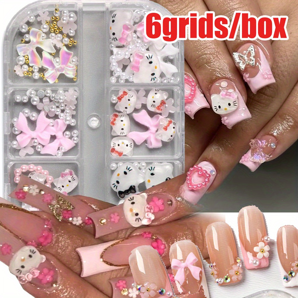 Image of 6grids/box 3d Cartoon Pearl Kitty Cat Nail Art Charms .20pcs Hello Kitty Nail Charm Beads 100pcs Pearl Bead Nail Art Kt Manicure Parts