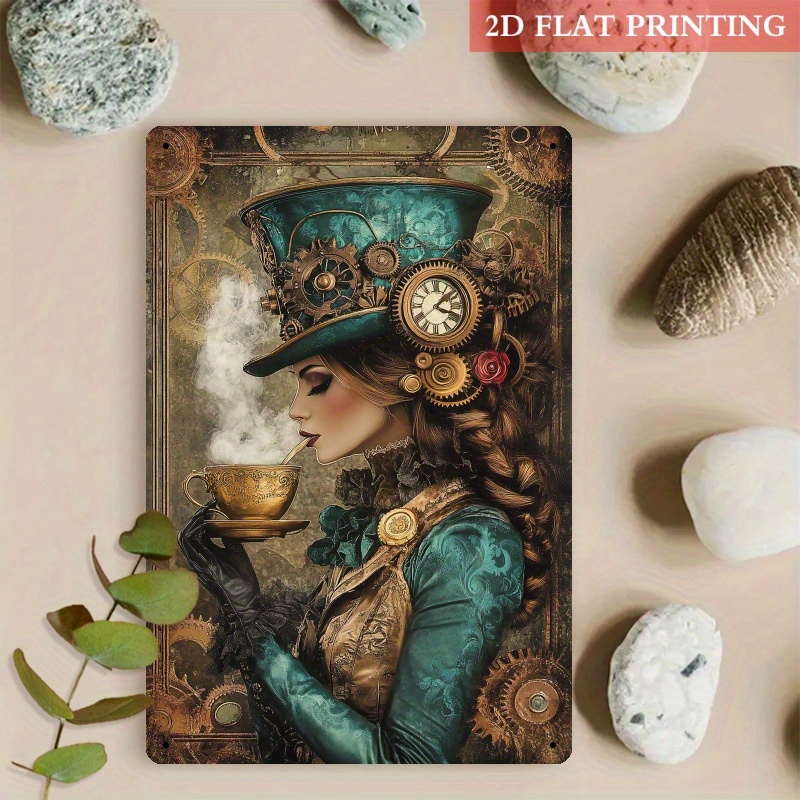 TEMU 2d Flat - [2d Flat] 1pc Gift, 2d Flat Steampunk Lady Metal Sign - 20.32x30.48 Cm Iron Wall Art, Steampunk Victorian Decor With Gear Accents,