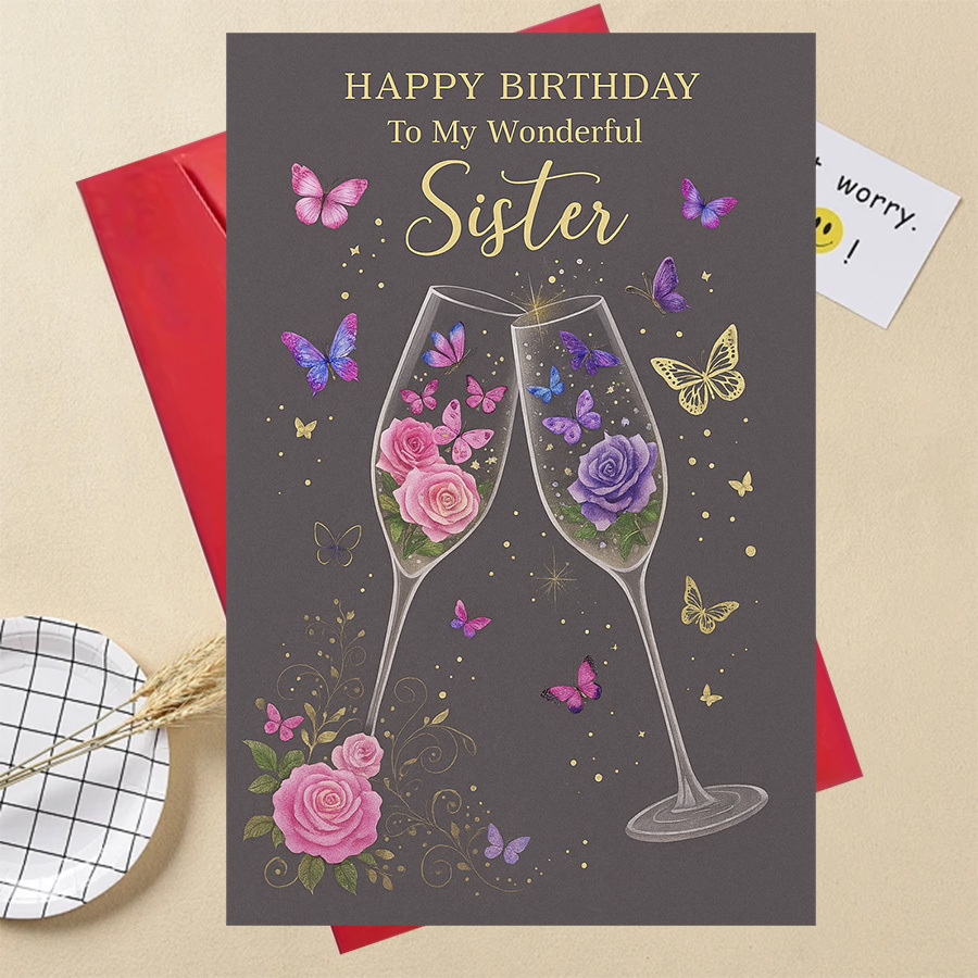 E-shop 1 Stück Geburtstagskarte für Schwester - Elegantes Blumen- & Schmetterlingsdesign mit Name/Nummer/Nachricht, geeignet für Geburtstage, Partys,