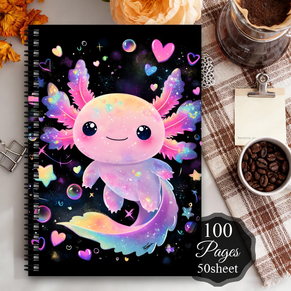 TEMU 1pc Carnet et agenda sur le thème d'un axolotl - Journal à spirale avec motif galaxie coloré d'axolotl, reliure en papier durable, adapté à