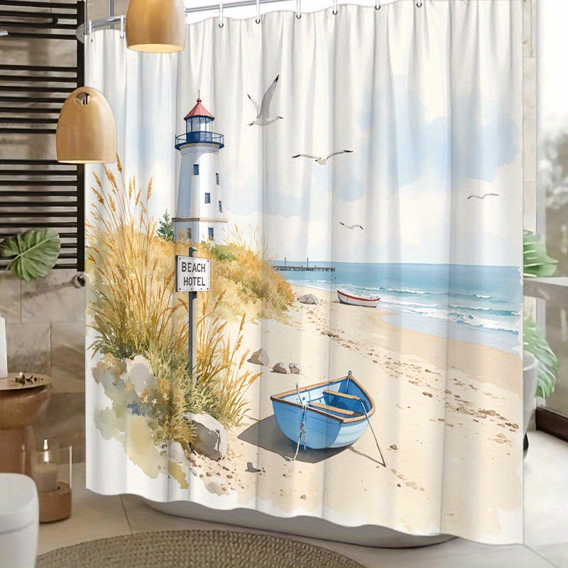 

1pc Beach Scene Shower Curtain Blue Lighthouse Coastal Bathroom Decor Bathtub Curtain For Home Decoration Included 12 Hooks 70.8x70.8inches