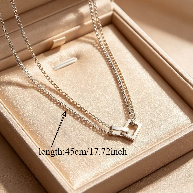 Silvery Double-Layer Square Buckle Pendant Necklace