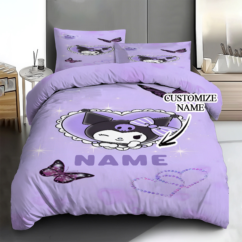 

Customizable Sanrio Kuromi 3pcs Bedding Set - Polyester Duvet Cover With Zipper Closure And 2 Pillowcases, Machine Washable, , Suitable For All , Name, Without , For Bedroom And Camping