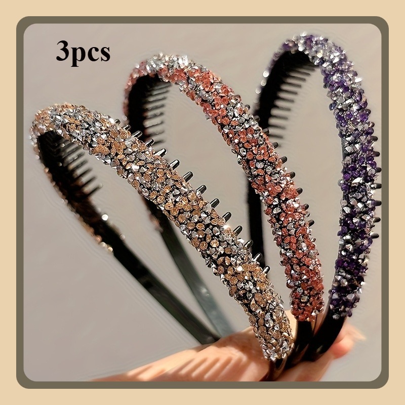 3pcs Women's Multicolor Glitter Non-slip Toothed Hair Hoop Easy Broken Hair Bangs Finishing Hair Hoop Dress Up Additions Hair Additions