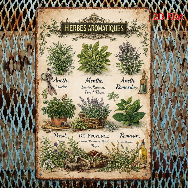 TEMU 2d Flat, [2dflat]1pcs 30x20cm- Vintage Herbes Aromatiques Metal Sign French Provence Herbs Plaque Retro Farmhouse Kitchen Wall Decor, 2d Flat