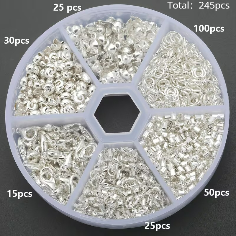 TEMU 245pcs/box Silvery Making Kit, Including 15pcs Lobster Clasps, 100pcs Jump Rings, 50pcs Beads, 25pcs Clasps, 25pcs U-shaped Clasps, And 30pcs