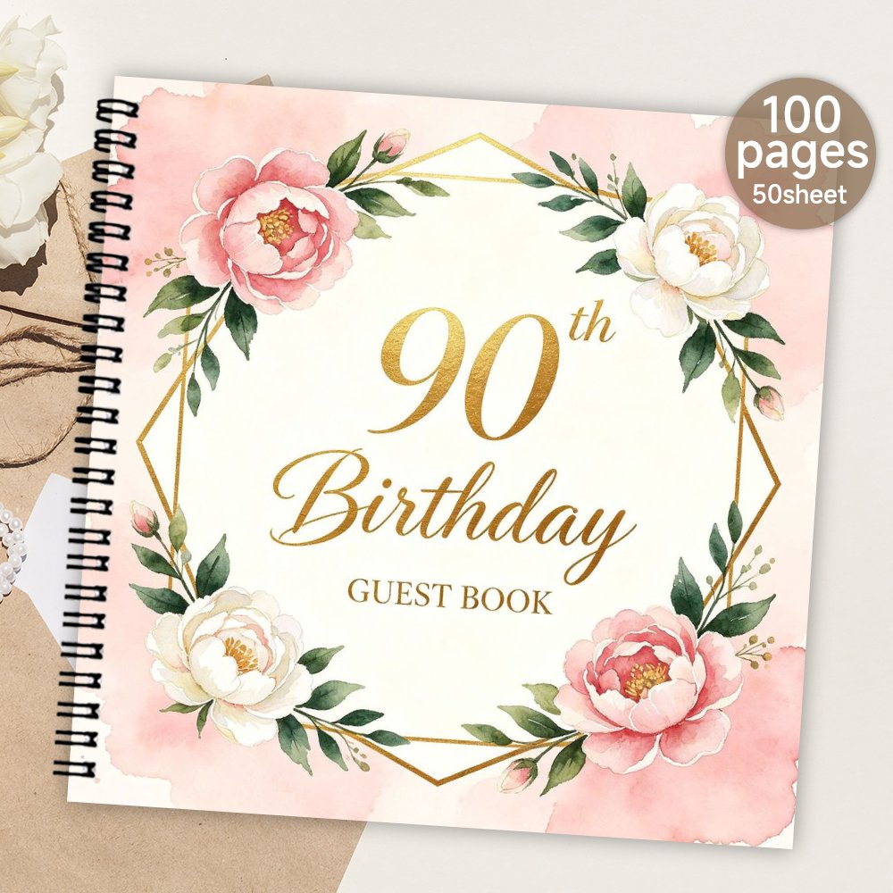TEMU 1pc Spiral Guestbook, 90th Birthday Blank Page Guest Book, Watercolor Floral Message & Signature Book, Meaningful Gift & Souvenir Album For