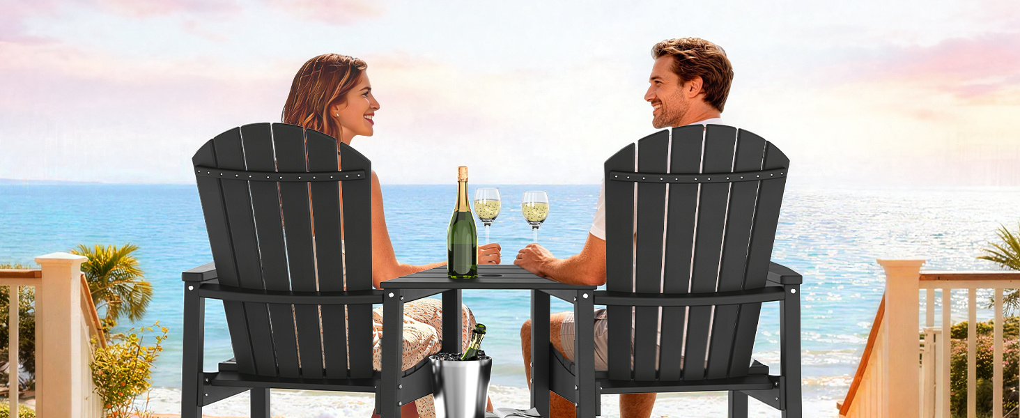 2pcs High-legged Adirondack Chair Set, All-weather High-density Polyethylene (HDPE) Bar Stool, Outdoor Chair with Double Tray and Parasol Opening, Suitable for Balconies, Poolside, Backyards, and Patios.