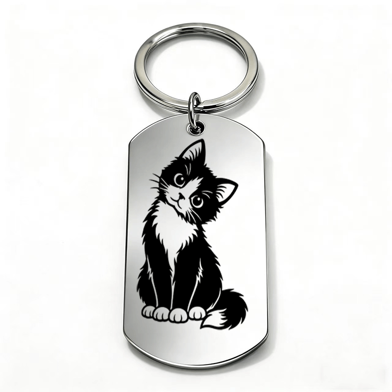 TEMU 1pc Metal Laser-engraved Keychain, Black And Cat Creative Pattern Key Ring, Military Dog Tag Style Car Pendant, Cute Stress-relief Themed Style,