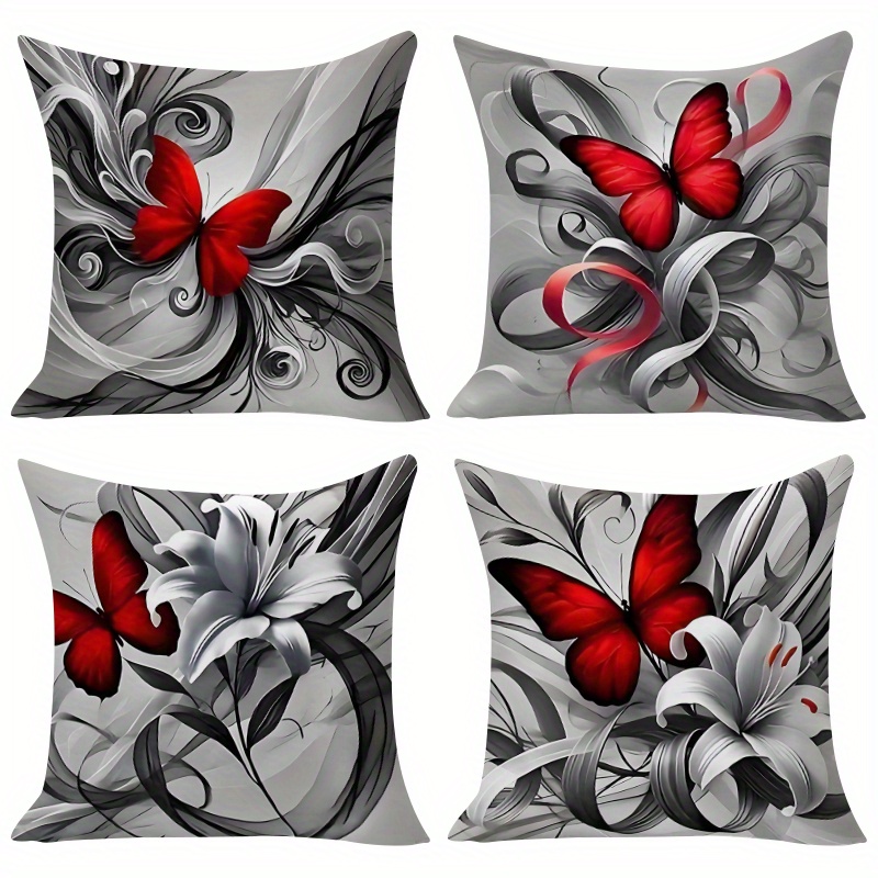 Image of 4pcs Elegant Gray- Red Flower Pillow Covers, Soft Polyester Square Zipper Cushion Covers, Suitable For Sofas And Outdoor Travel, Machine Washable, Double-sided Printing, Yes ( Not Included)
