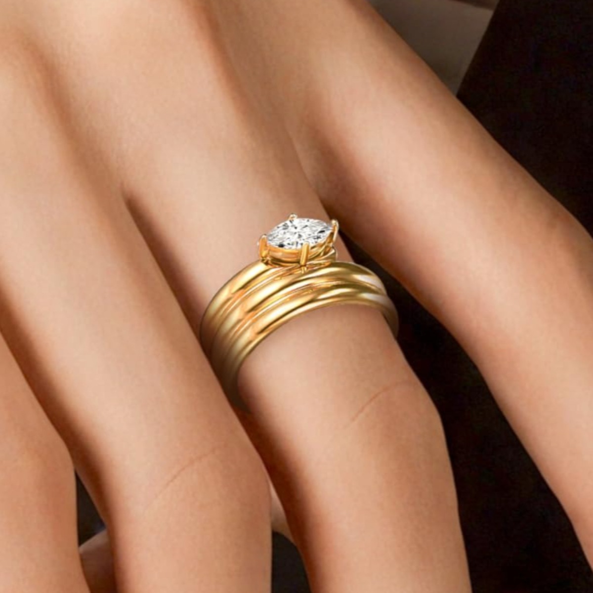 Golden-Tone Multi-Band Solitaire Ring, Luxury Statement