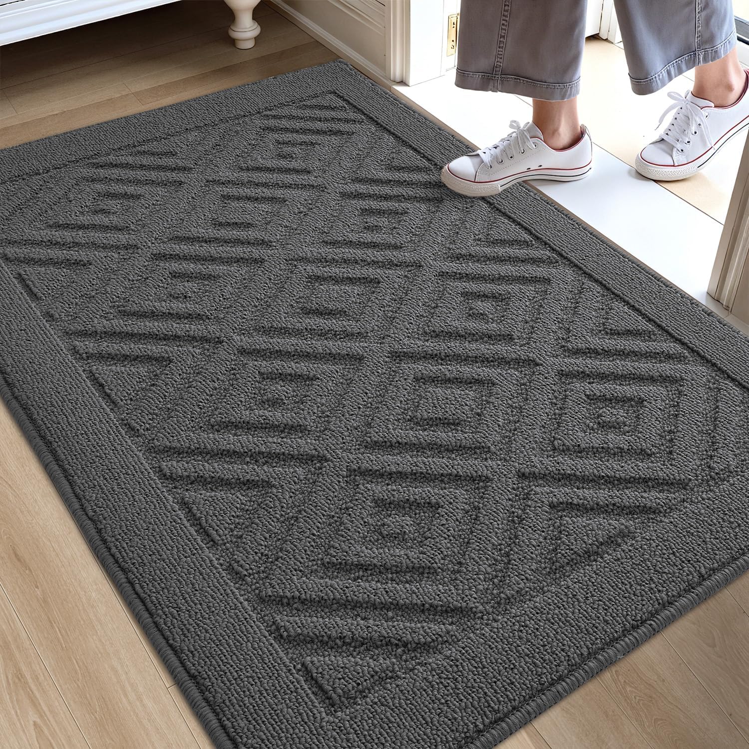 Image of Machine Washable Door Mat 60x90cm Indoor Entrance Carpet - Anti Slip Backing, Absorbent, Low Profile Design Beige Grey Welcome Mat