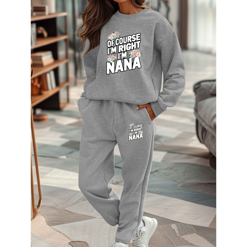 

Women's Casual Polyester Sweatshirt And Sweatpants Set, " I'm Right I'm " Geometric Pattern, Crew Neck, Knit Fabric, 250g/m², Fall/winter Loungewear