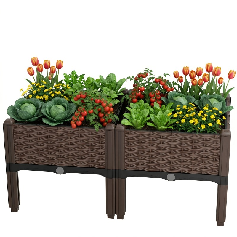 TEMU 2pcs Outdoor Box-style Raised Garden Bed, Woven Texture Plastic Planter Support Stand With Drainage System, Suitable For Various Weather Balcony