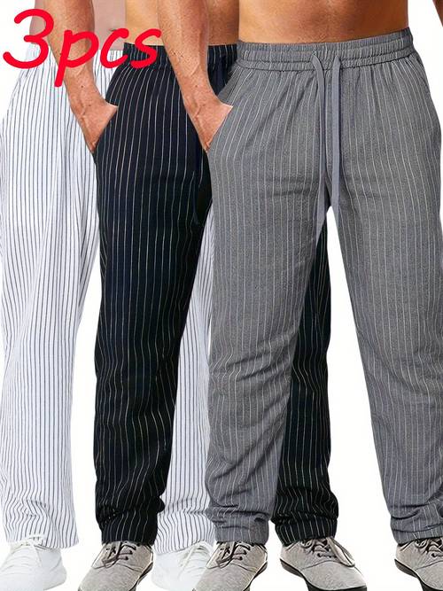 3 Stück Herren-Schürzenhosen aus robustem Baumwollstoff mit vertikalen Streifen – Atmungsaktive Ganzjahres-Arbeitskleidung mit elastischem Bund & Kordelzug, lockere Küchenuniform für - (Schwarz/Weiß/Grau) – Maschinenwaschbarer langlebiger Stretchfreier Stoff
