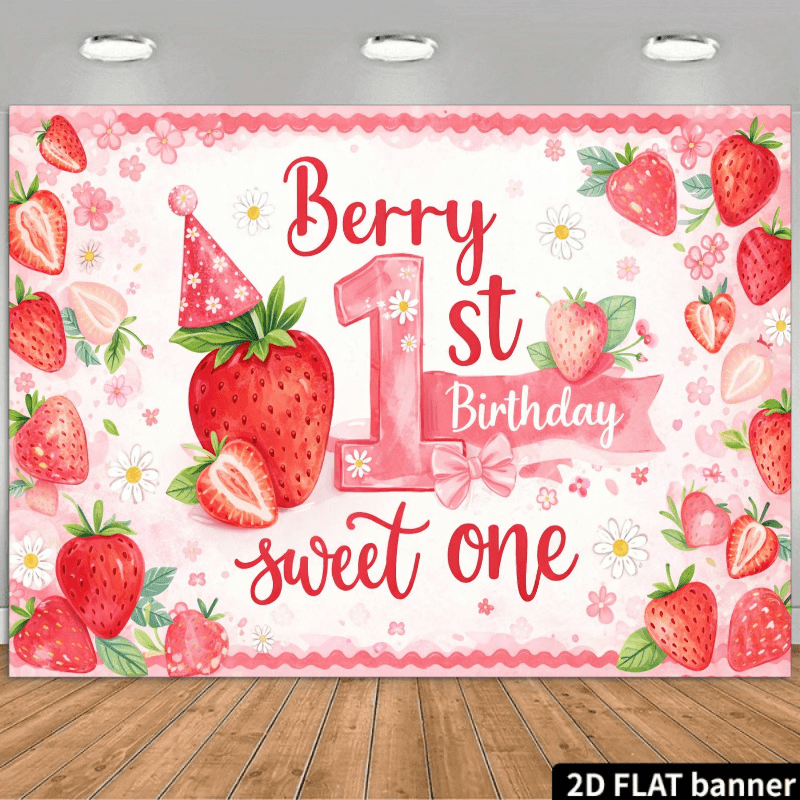 TEMU Toile de fond 2D plate sur le thème des fraises pour fête de 1er anniversaire, est du chiffre "1" rose avec le texte "Berry 1St Birthday" rouge,