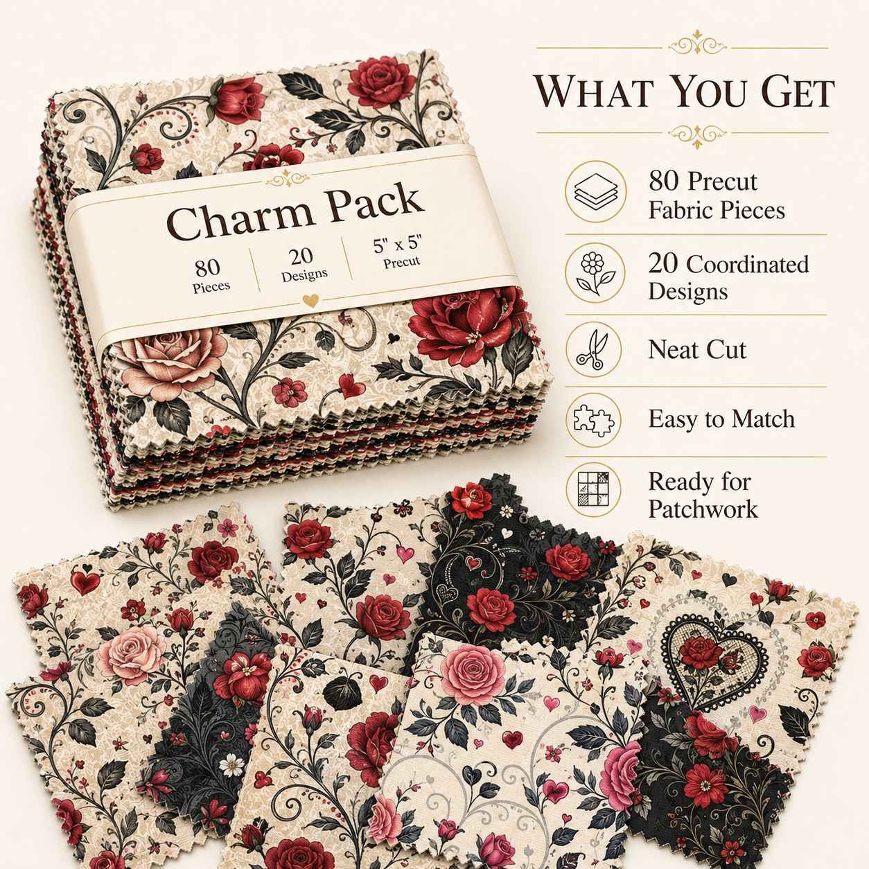 80pcs 5 x5 12 7cmx12 7cm romantic retro rose vine   elegant printed fabric pre cut cloth for handcraft quilting   bags small home goods coasters zipper pouches and
