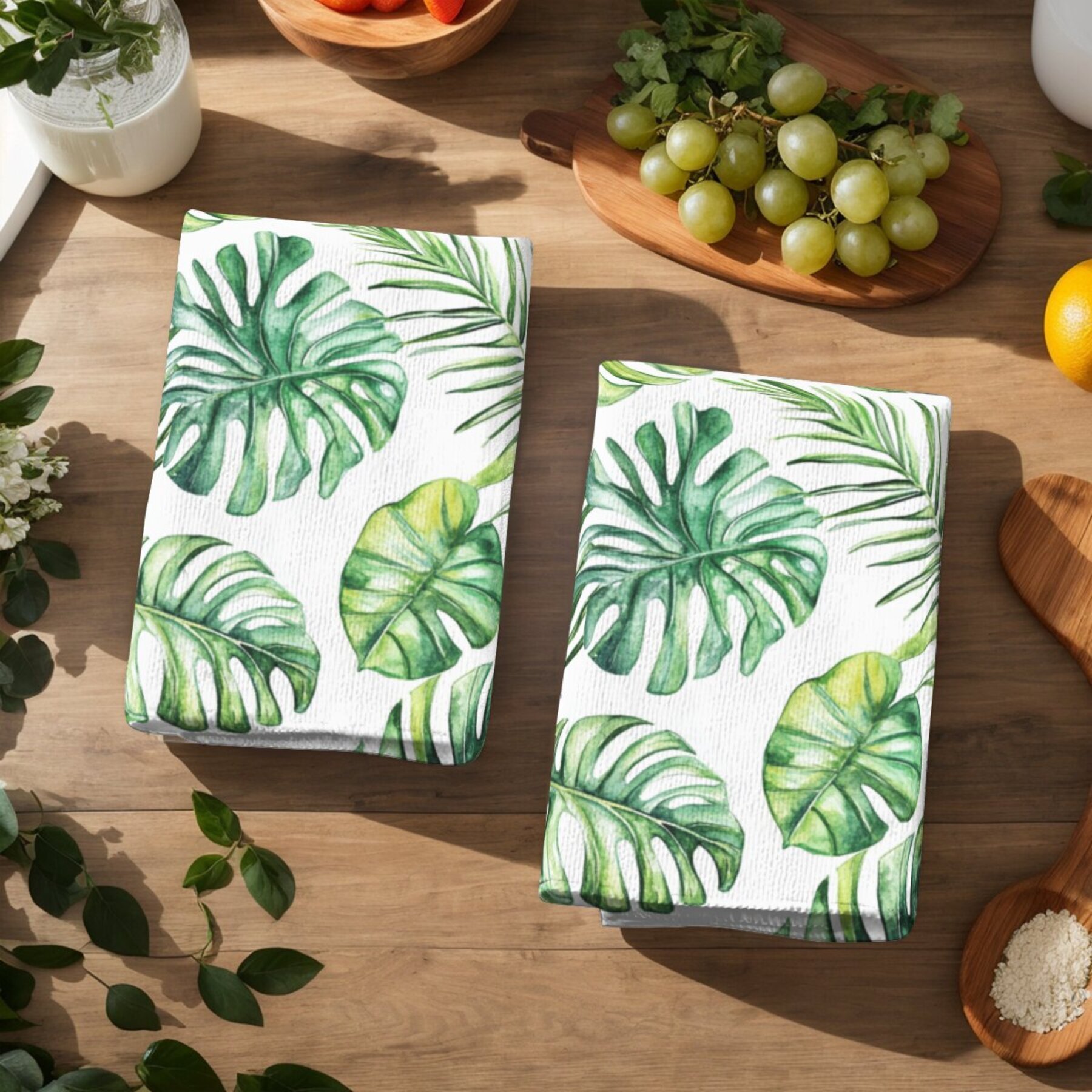 2pcs cleaning cloths, dish towels featuring tropical plants, palm leaves, and monstera patterns, suitable for kitchen decor, holiday decorations, table settings, kitchen supplies, home decor, and as gifts for   or bathrooms. details 7