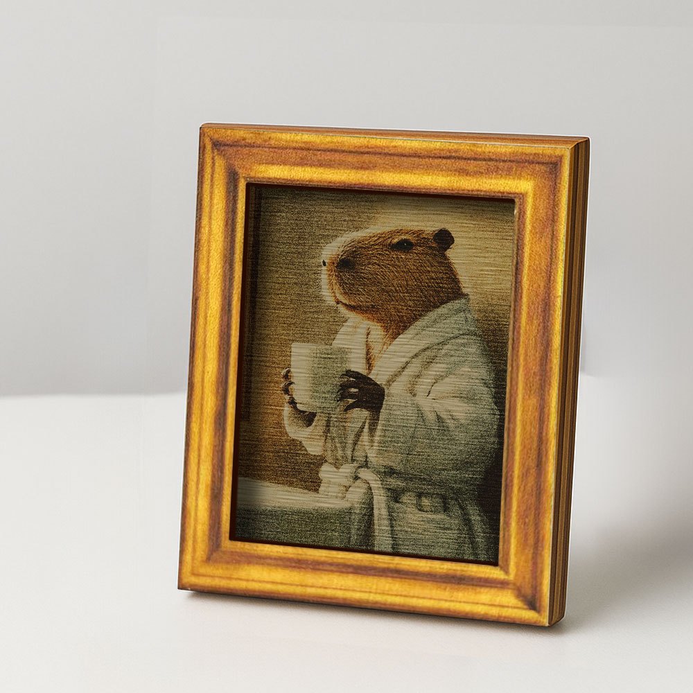 E-shop Ein Kühlschrankmagnet mit einem Capybara im Bademantel, ein dekoratives Holzgemälde, ein gemütlicher Capybara, ein Kühlschrankmagnet aus Holz,