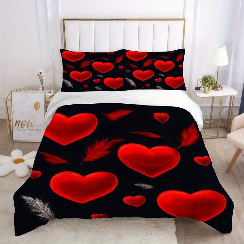 3pcs romantic heart pattern duvet cover bedding   red hearts black background comforter with pillowcases soft breathable microfiber fabric modern bedroom decor for couples master room 1 2 pillow cases Product details 7
