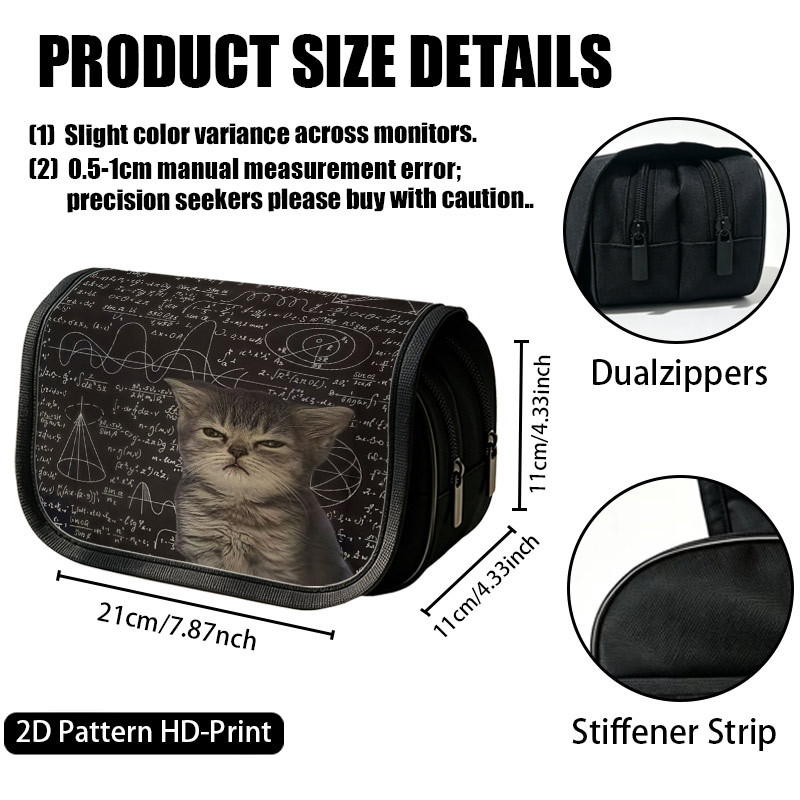TEMU Estuche para lápices de 1 pieza, 2D, de gran capacidad, con estampado de gato adorable y fórmulas matemáticas, bolsa espaciosa para guardar