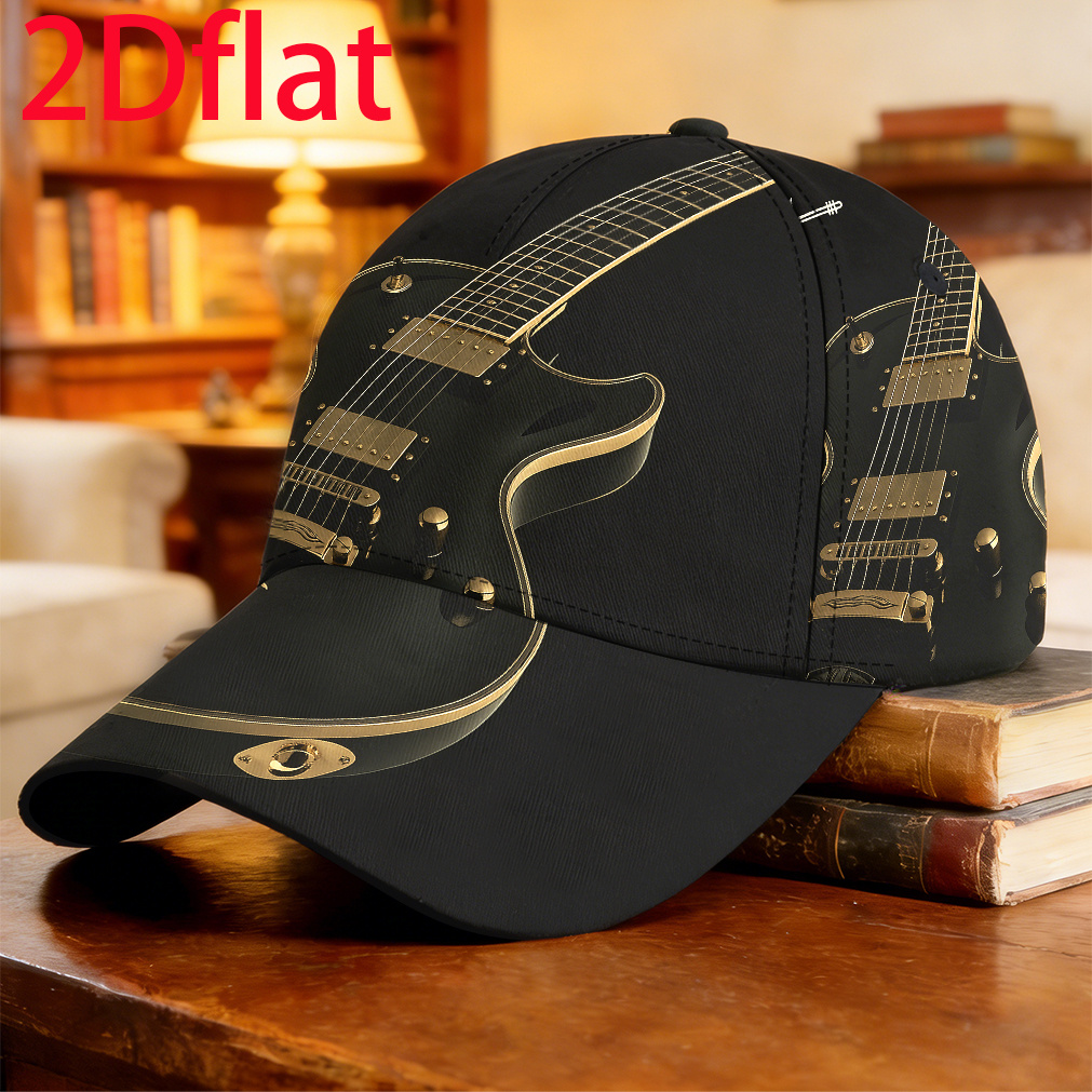 TEMU 1pc Guitar - Full Print Retro Round Top Baseball Hat With 5-panel Clip, Lightweight Suitable For Jogging, Hiking, Fishing, Hip-hop, Graduation
