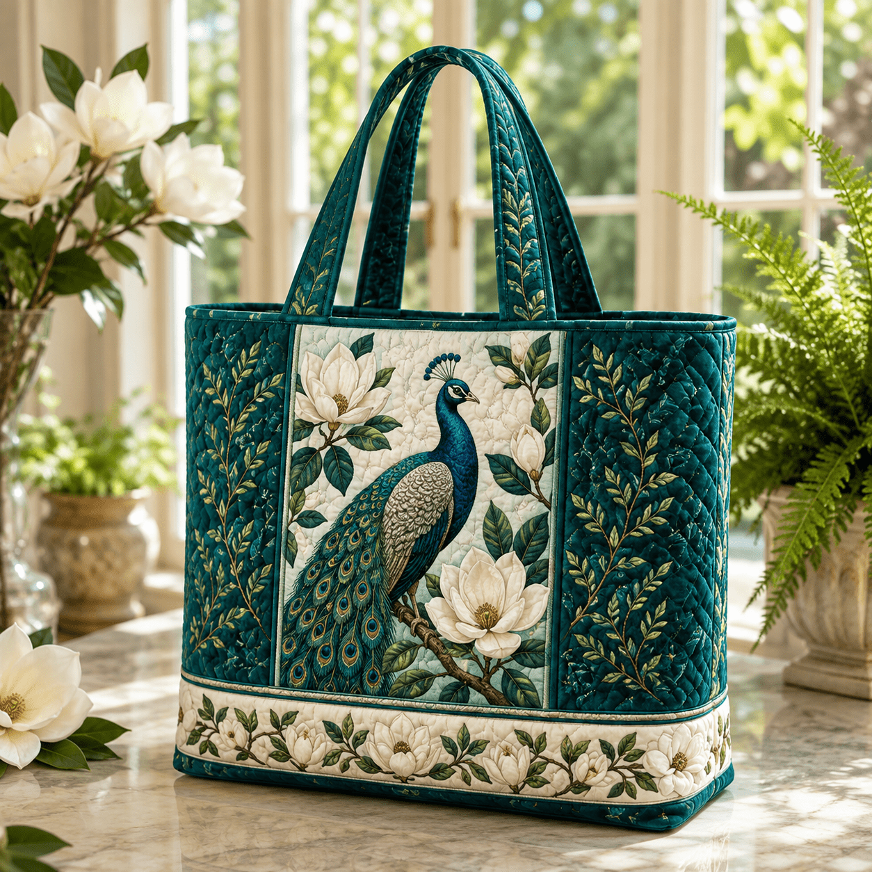 Women's Large Capacity Peacock Tote Bag - Peacock & Botanical Print Handbag With Zipper Closure, Machine Washable Suitable For Spring Summer, Gifts, Garden Parties, Work, Vacation, Peacock