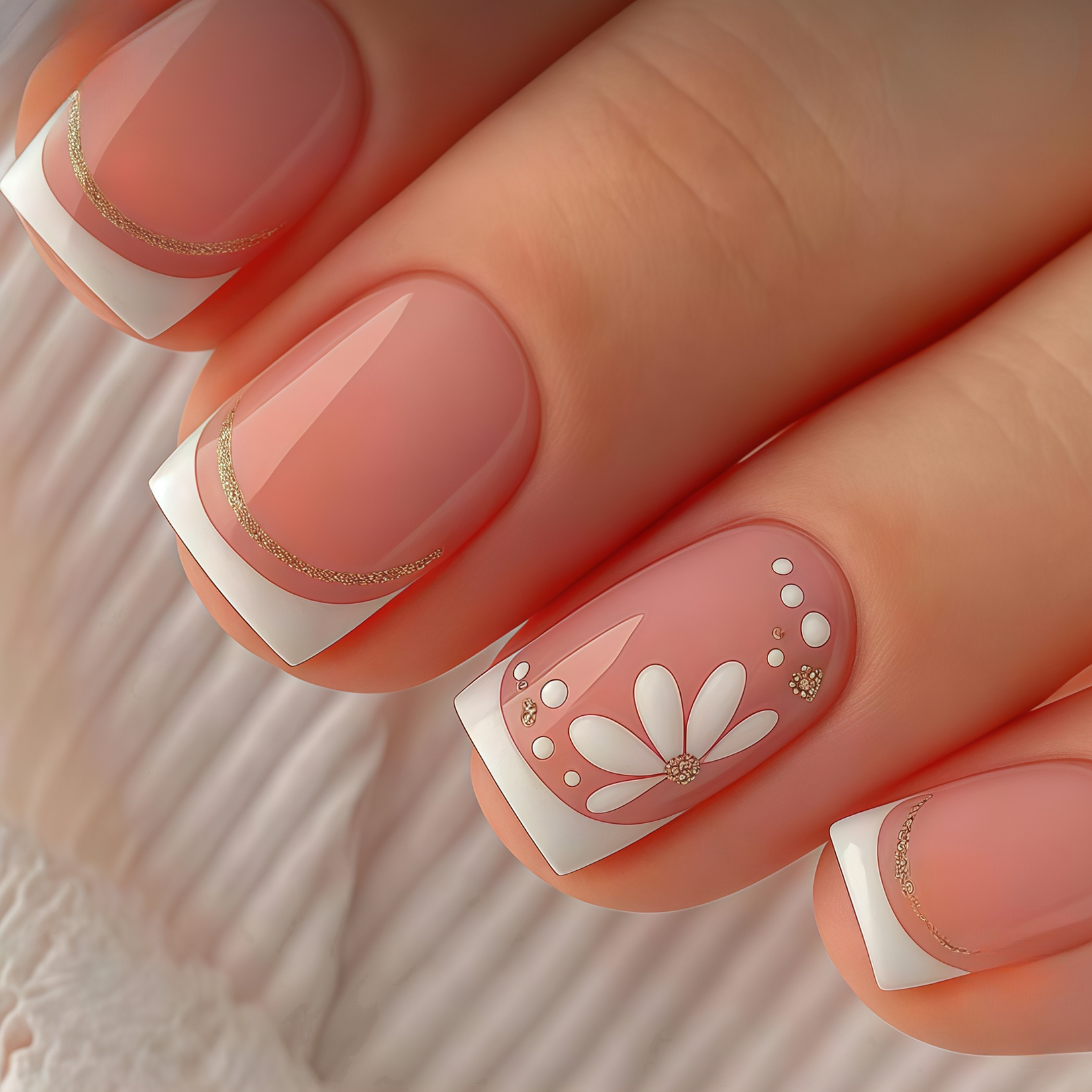 TEMU Show Your Beauty 24pcs Short Square Press-on Nails - Classic Elegant Nude Pink Glossy Finish With White Floral Polka Dots And . Fashionable And