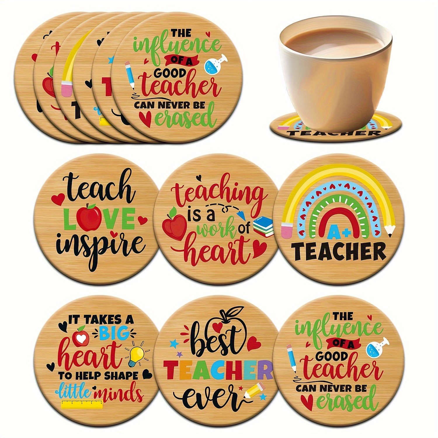TEMU A Set Of 6 Teacher's Day Gratitude Quote Pattern Round Wooden Coasters, Made Of Heat-resistant Synthetic Wood, Is Perfect For Teacher's Day And