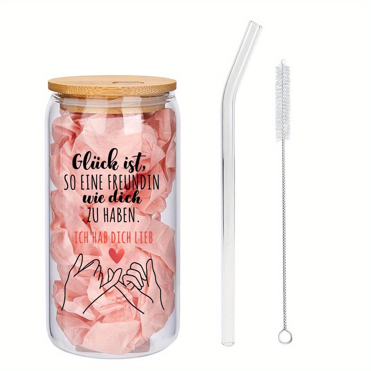 E-shop Partybecher 1 Stück, Bedeutungsvoller Freundschaftstag Glas-Wasserflasche mit Strohhalm - Deutscher Text "Glück ist, einen Freund wie dich zu