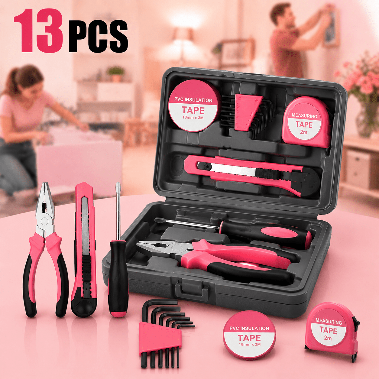 TEMU 53/40/39/13pcs Pink Tool Kit | Includes Screwdriver, Utility Knife, Scissors, Tape Measure, Hammer, Internal Hex Wrench, Pliers | Suitable For