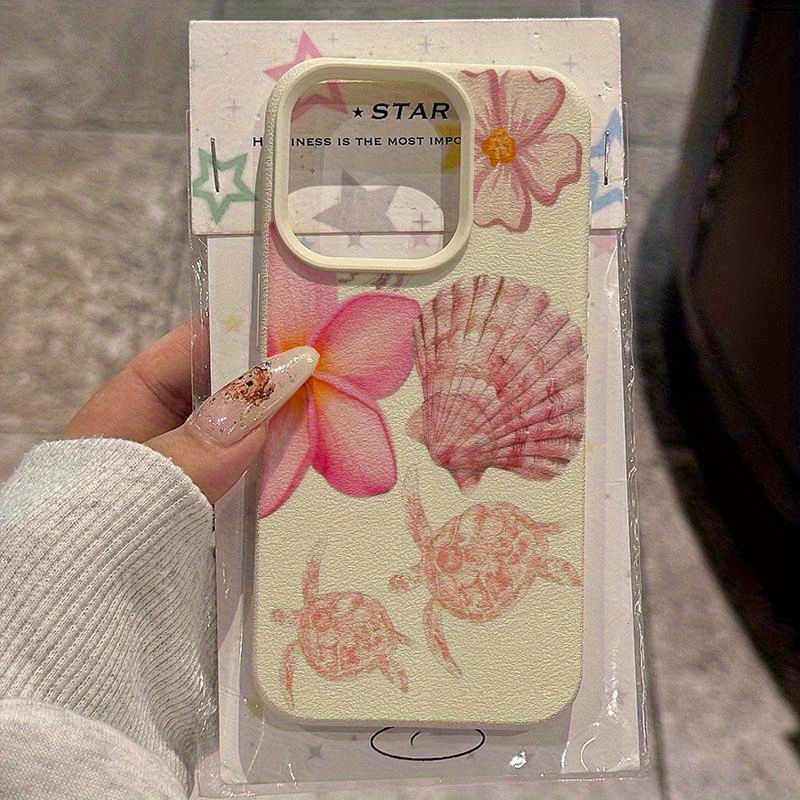 Pink Sea Turtle Shell Hawaiian Flower Pattern Suitable for TPU Case Compatible with iPhone 16 Pro Max iPhone 16 Pro Max/14/16 Plus/15/13P/12/11 Business Shockproof Protective Case High Aesthetic