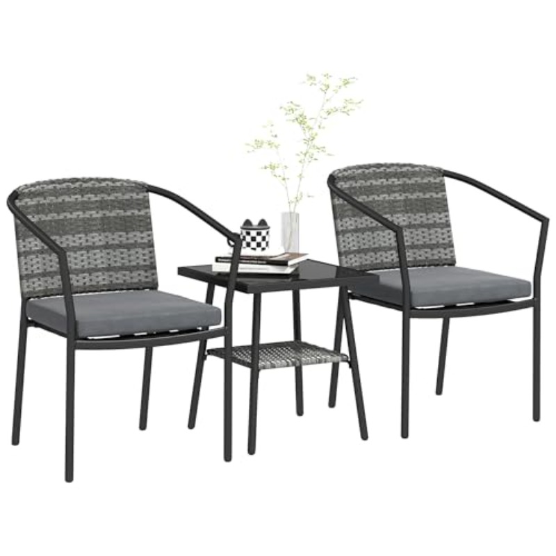 3pcs rattan bistro table and chairs outdoor furniture set with cushions glass top coffee table suitable for patio balcony terrace   wicker garden sofa   for small spaces   seating