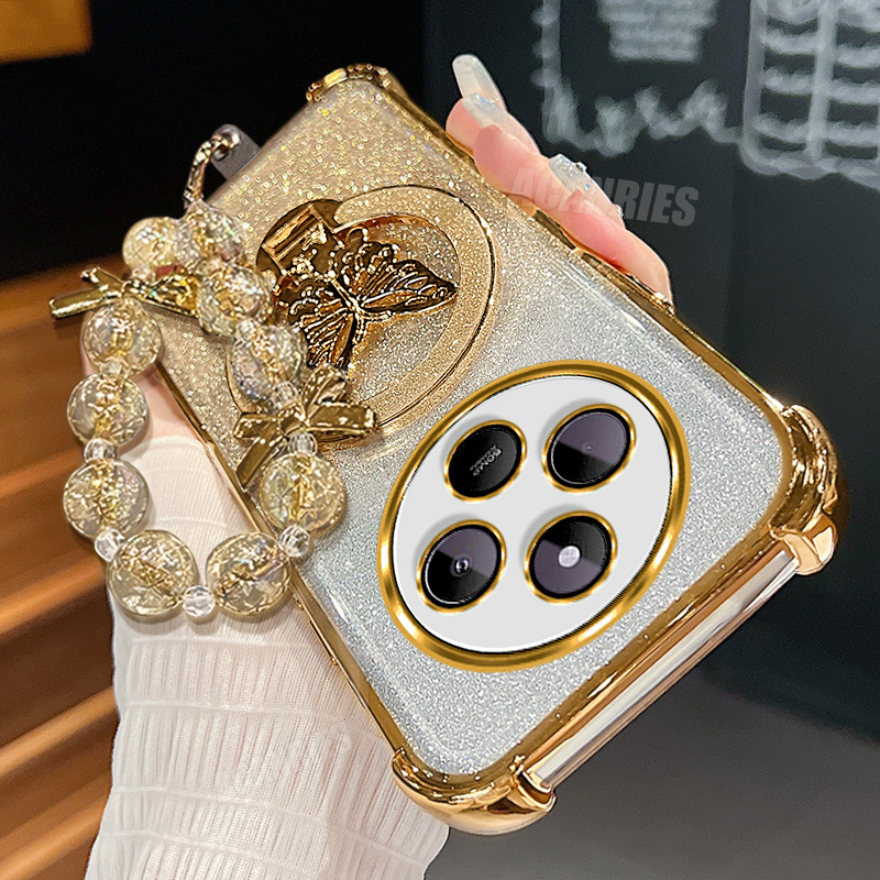 TEMU Phone Case: Redmi14c 4g Luxury Glitter Bracket Folding Holder With Bead Lanyard Wrist Strap Chain And Gradient Plating Phone Case For Xiaomi 14c