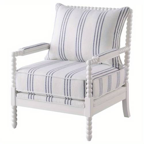 contemporary upholstered bobbin accent chair white navy fabric padded armrests solid wood frame living room bedroom lounge seat comfortable decor